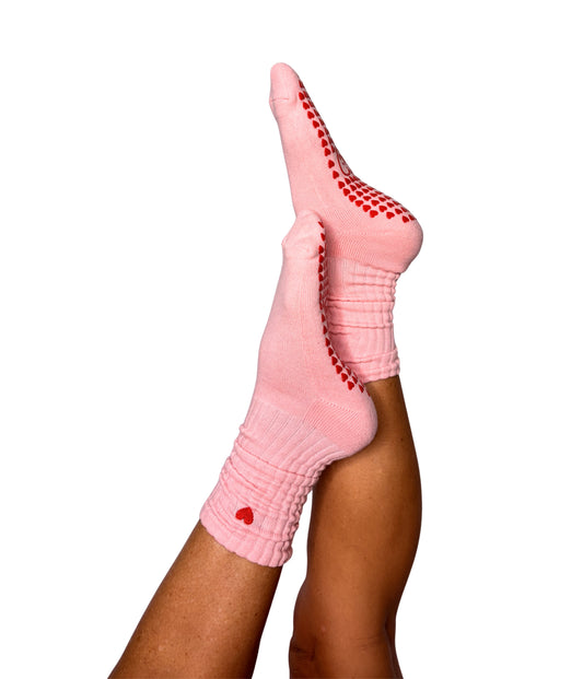 Loved Up Scrunch Crew Grip Socks (Soft Pink&Ruby Red)