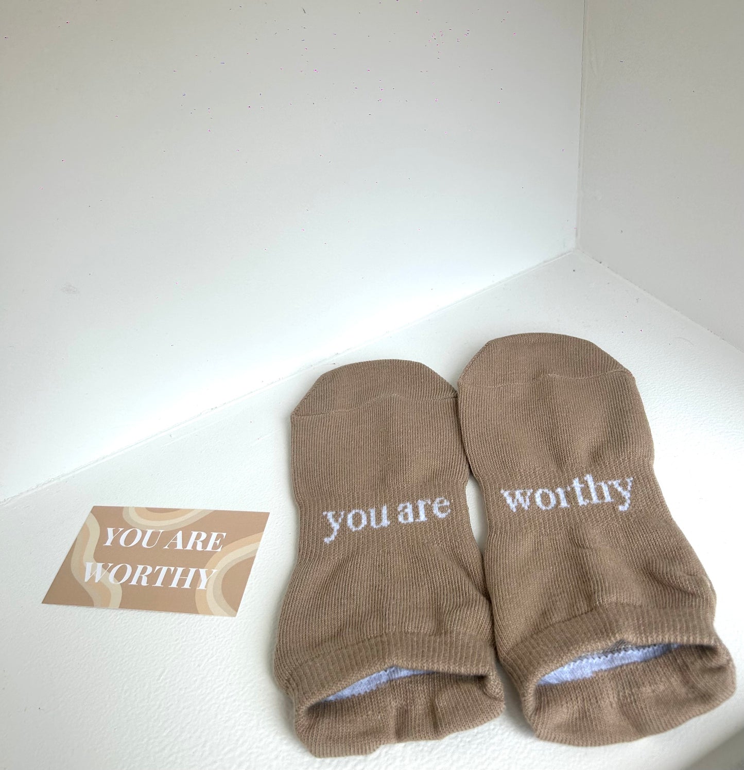 ‘you are worthy’ (Tan) Grip Socks